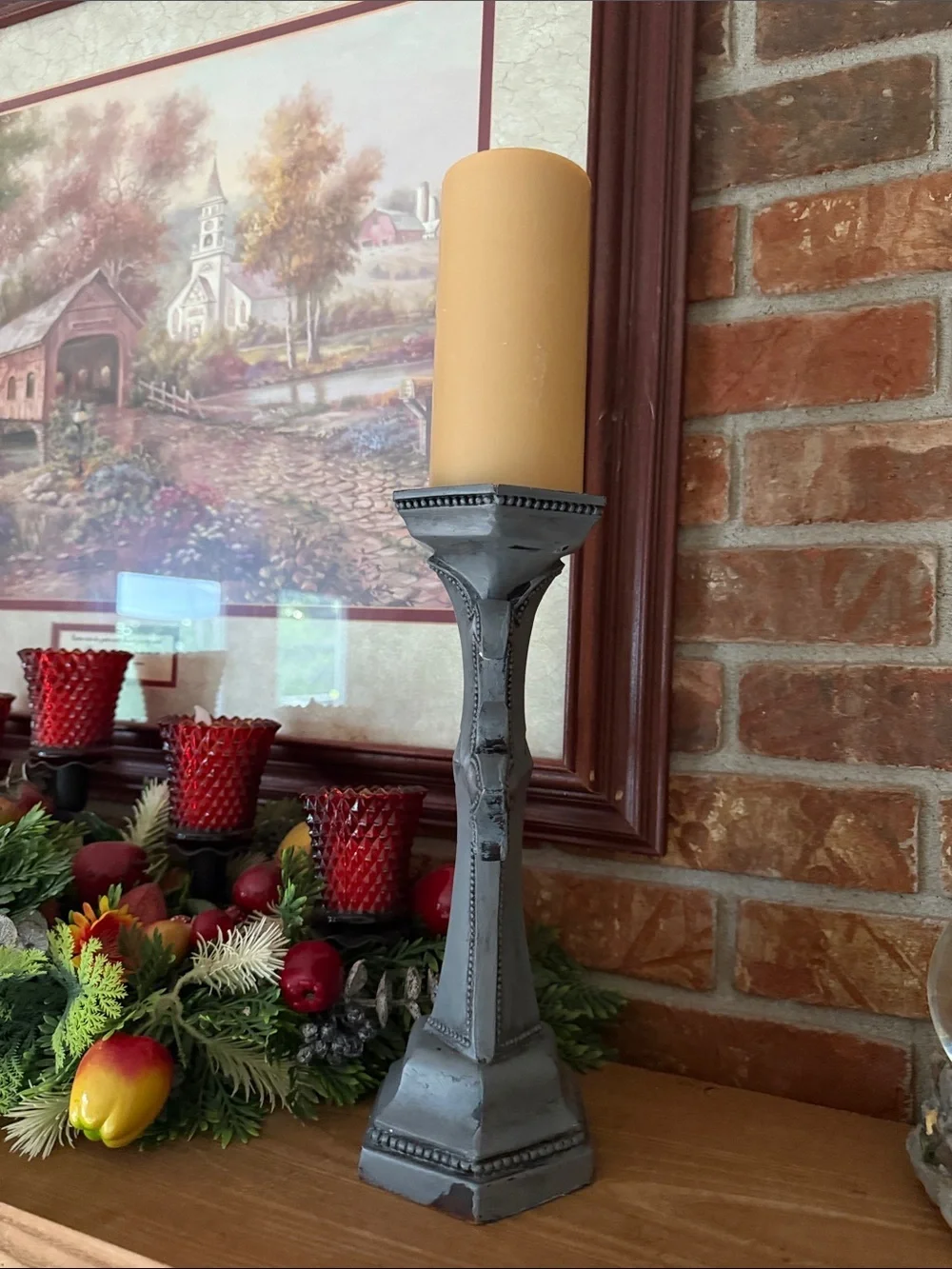 Vintage 80s Gothic Fleur-de-Lis Grey Stone-Look Cross Candle Holder - 18